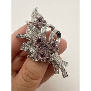 Silver tone rhinestone flower brooch pin
